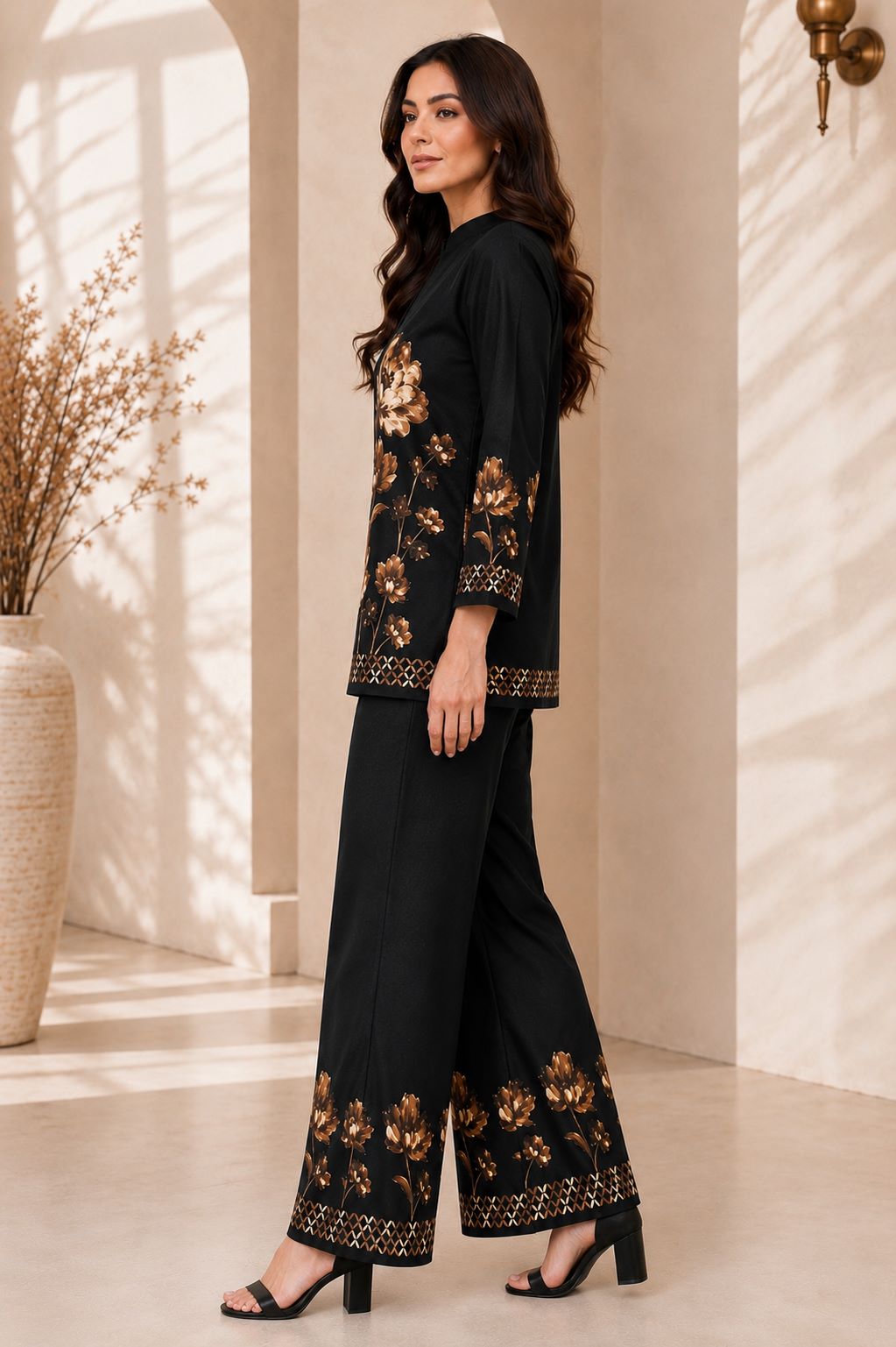 Black Floral Printed Rayon Co-Ord Set For Women | Claura