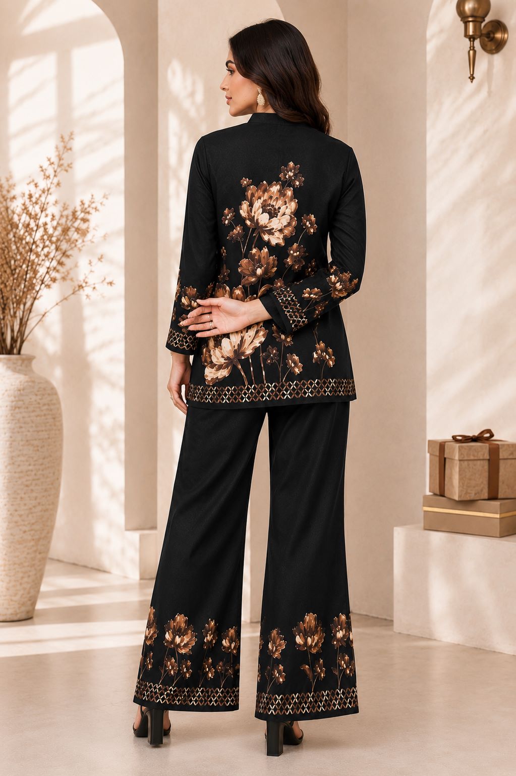 Black Floral Printed Rayon Co-Ord Set For Women | Claura