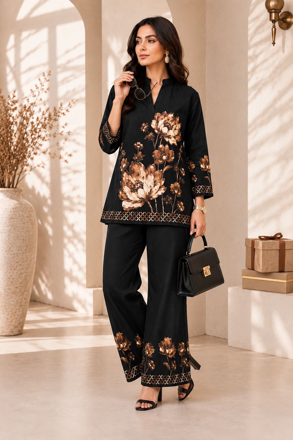 Black Floral Printed Rayon Co-Ord Set For Women | Claura