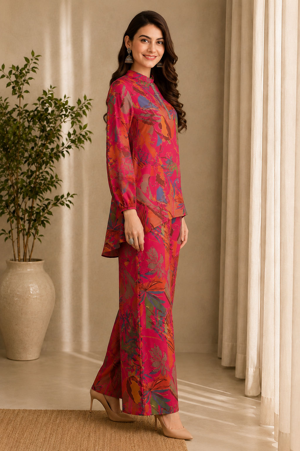 Pink Floral Printed Tunic Palazzo Ethnic Co-Ord Set for Women