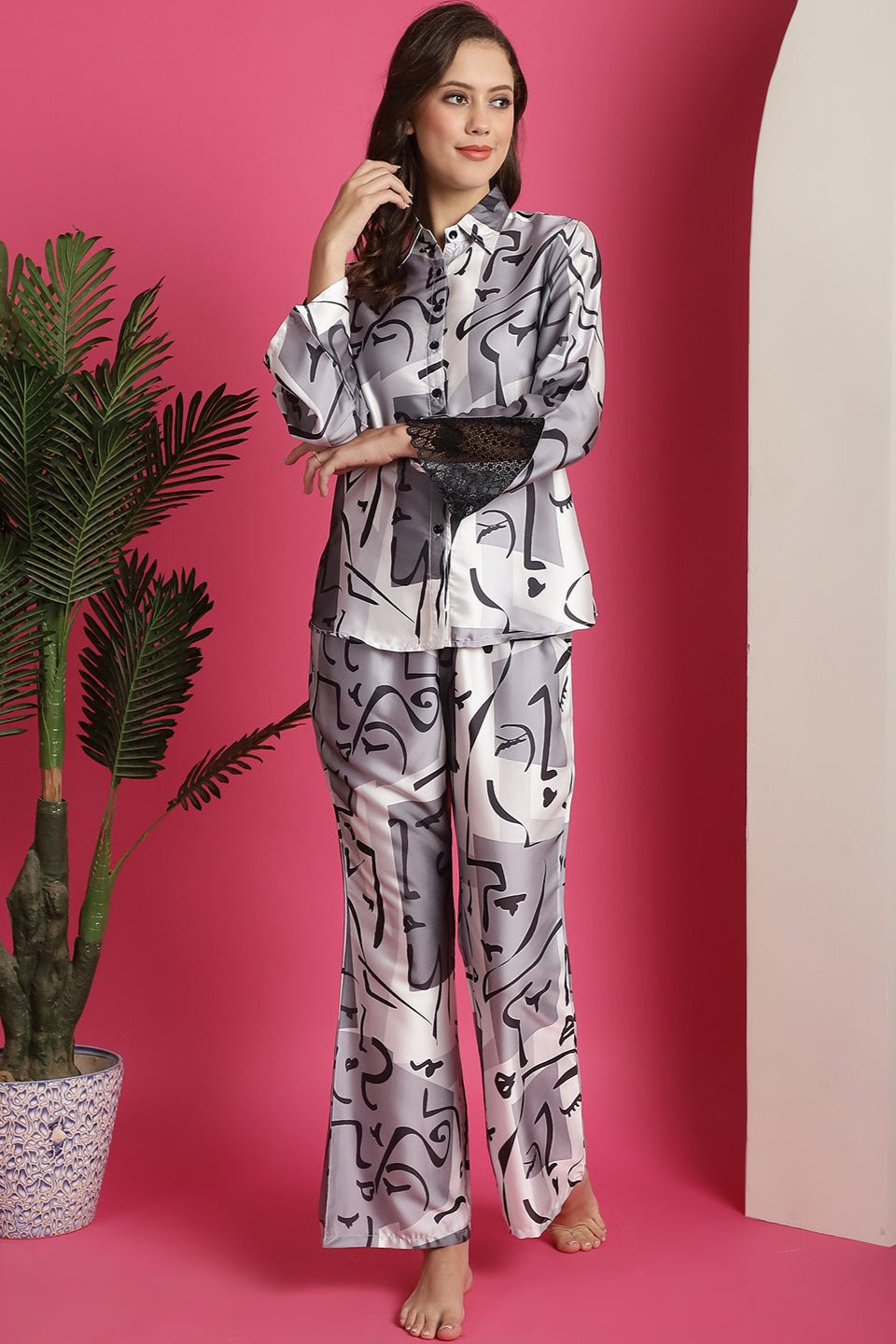  Black & White Abstract Printed Satin Night Suit for Women by Claura