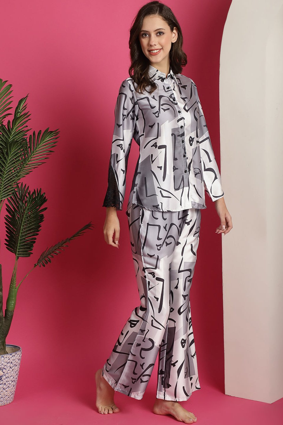  Black & White Abstract Printed Satin Night Suit for Women by Claura