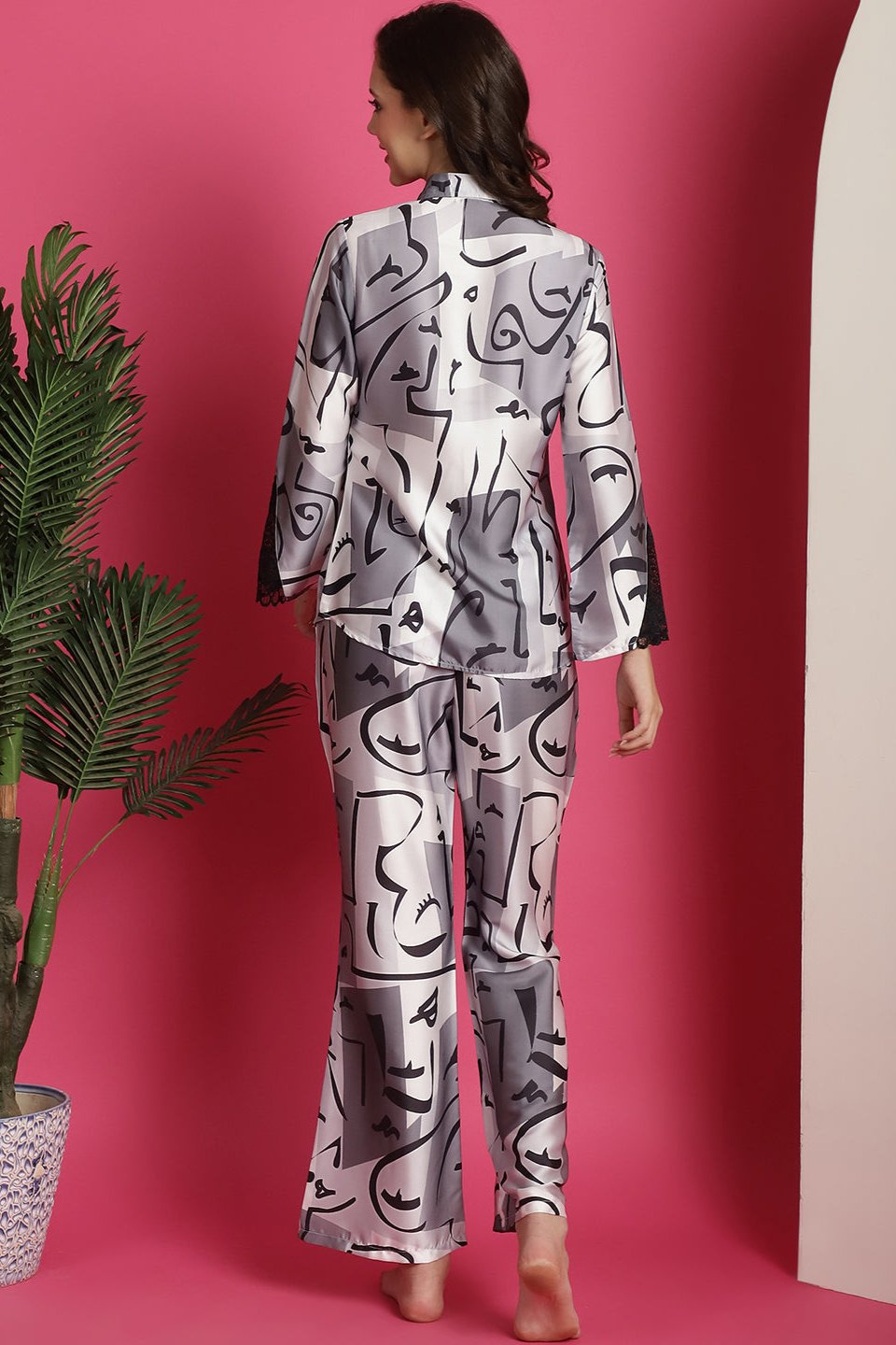  Black & White Abstract Printed Satin Night Suit for Women by Claura