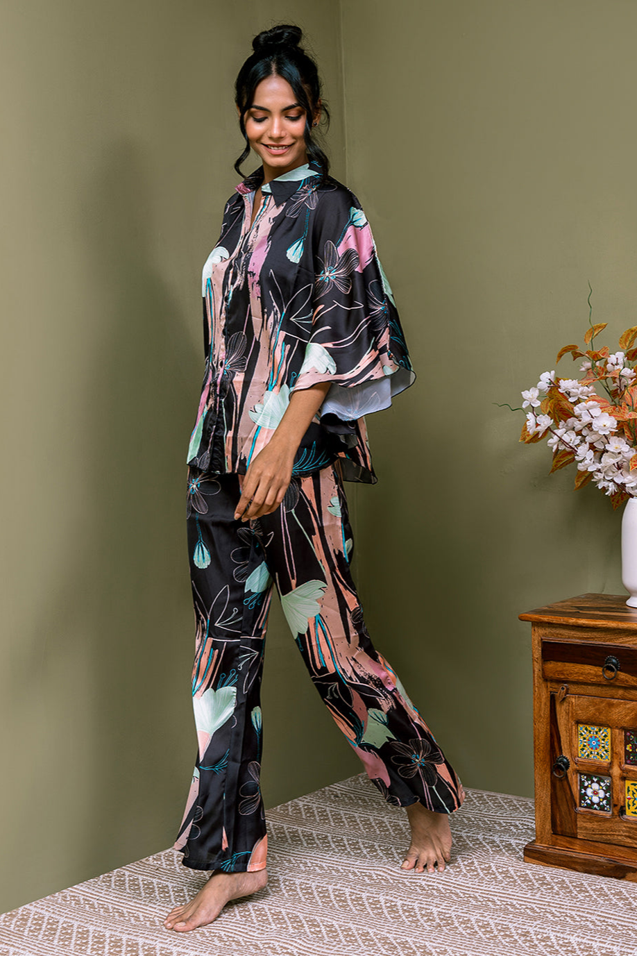Black Abstract Printed Satin Night Suit for Women by Claura

