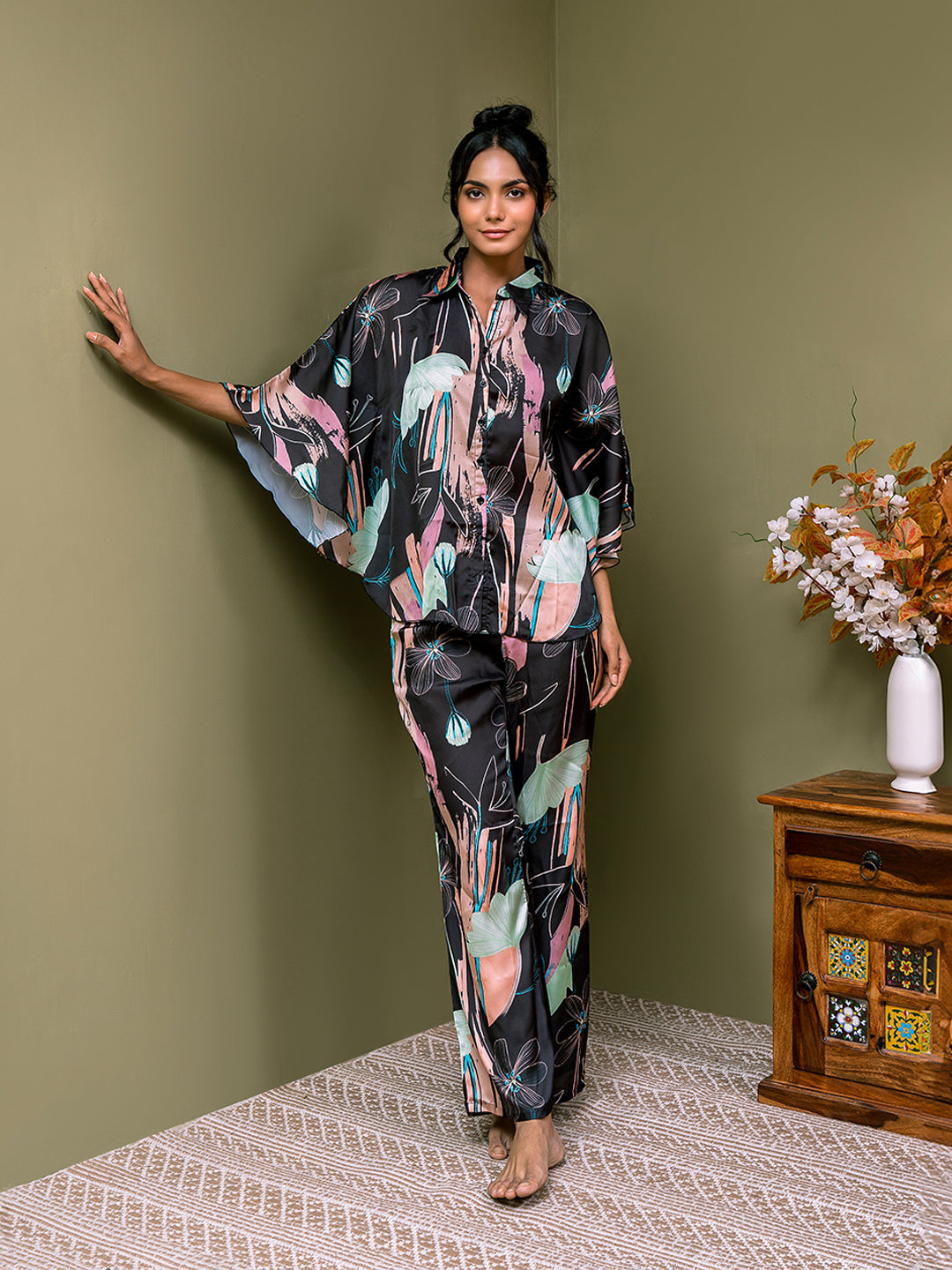 Black Abstract Printed Satin Night Suit for Women by Claura

