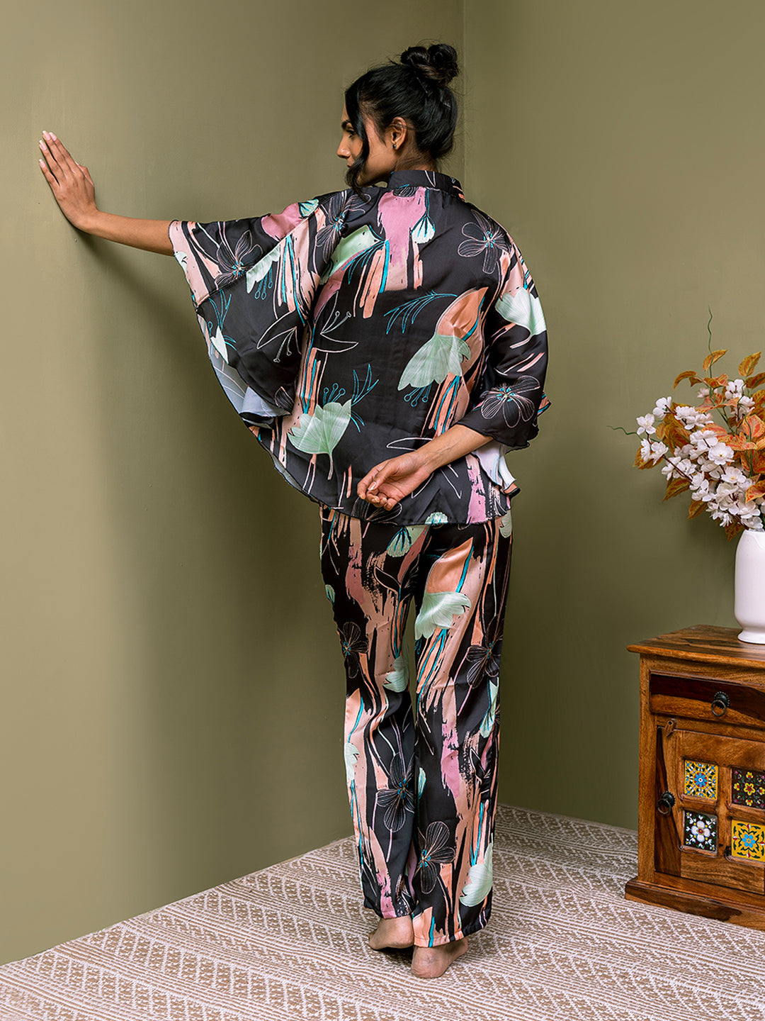 Black Abstract Printed Satin Night Suit for Women by Claura

