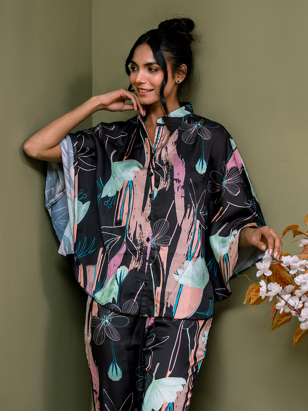 Black Abstract Printed Satin Night Suit for Women by Claura

