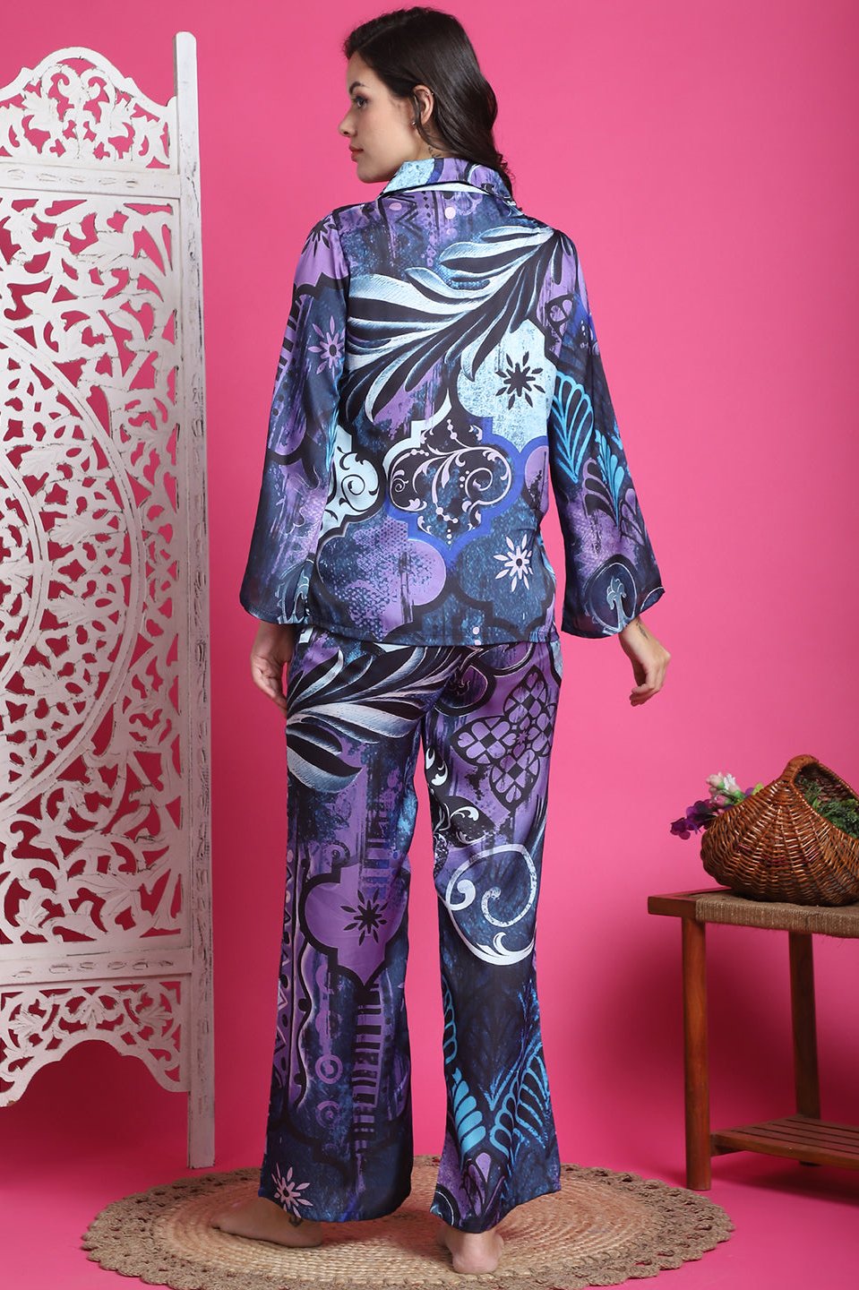 Purple Floral Printed Satin Silk Night Suit for Women by Claura

