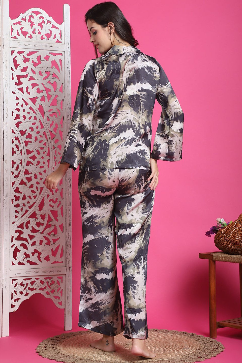 Black Abstract Printed Satin Night Suit for Women by Claura

