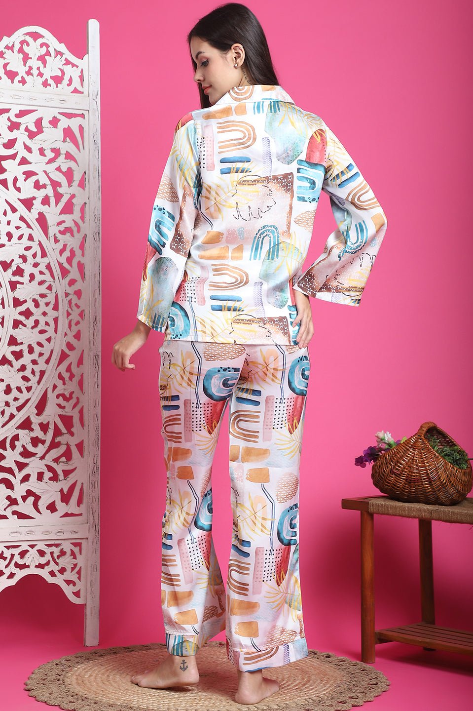 White Abstract Printed Satin Night Suit for Women by Claura

