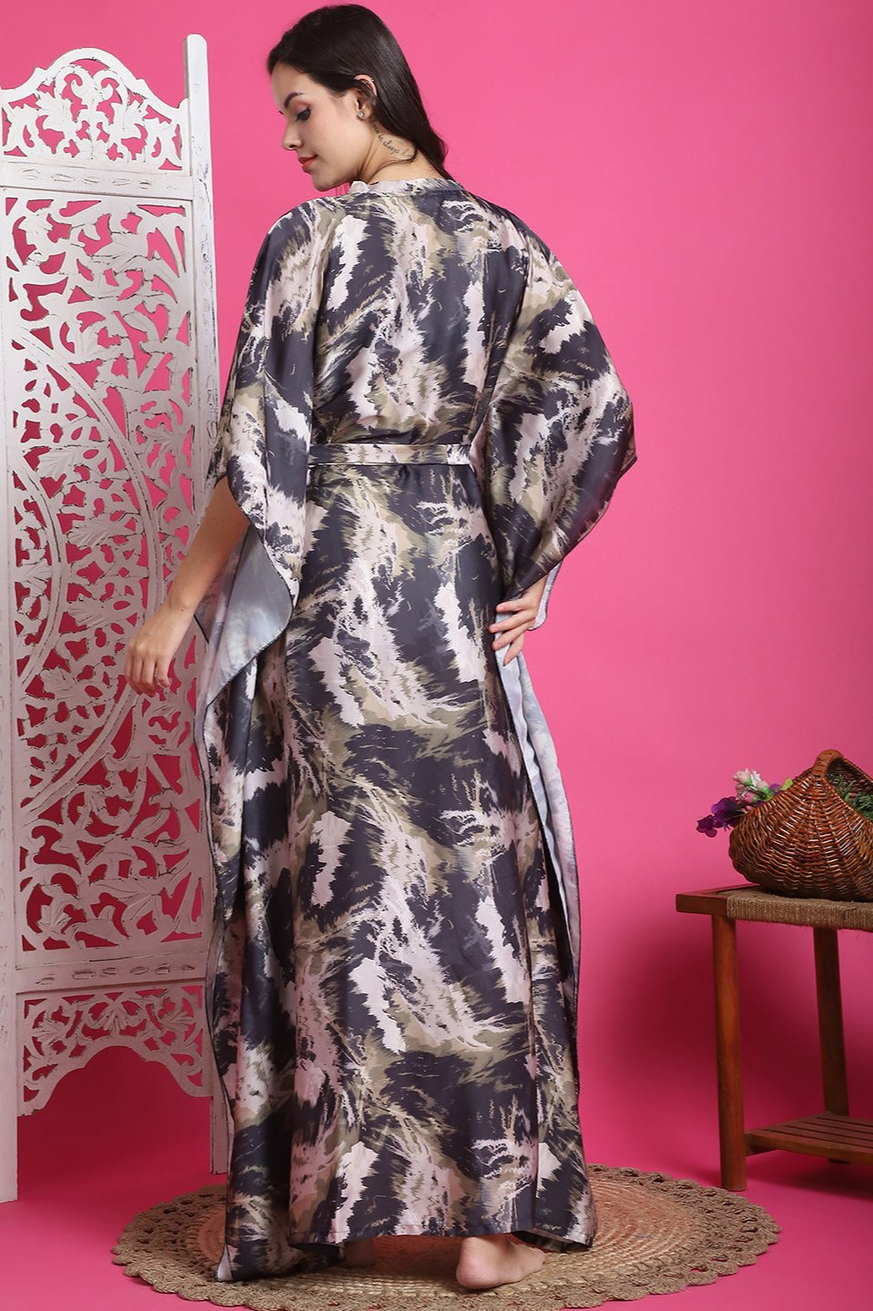 Black Color Abstract Printed Satin Kaftan For Women