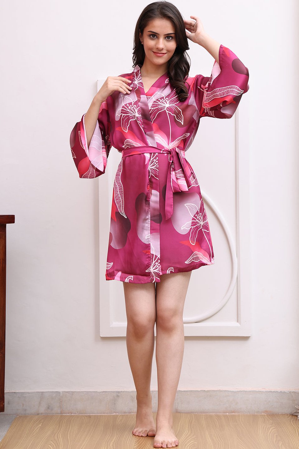 Purple Color Floral Printed Silk Satin Nighty Robe For Women