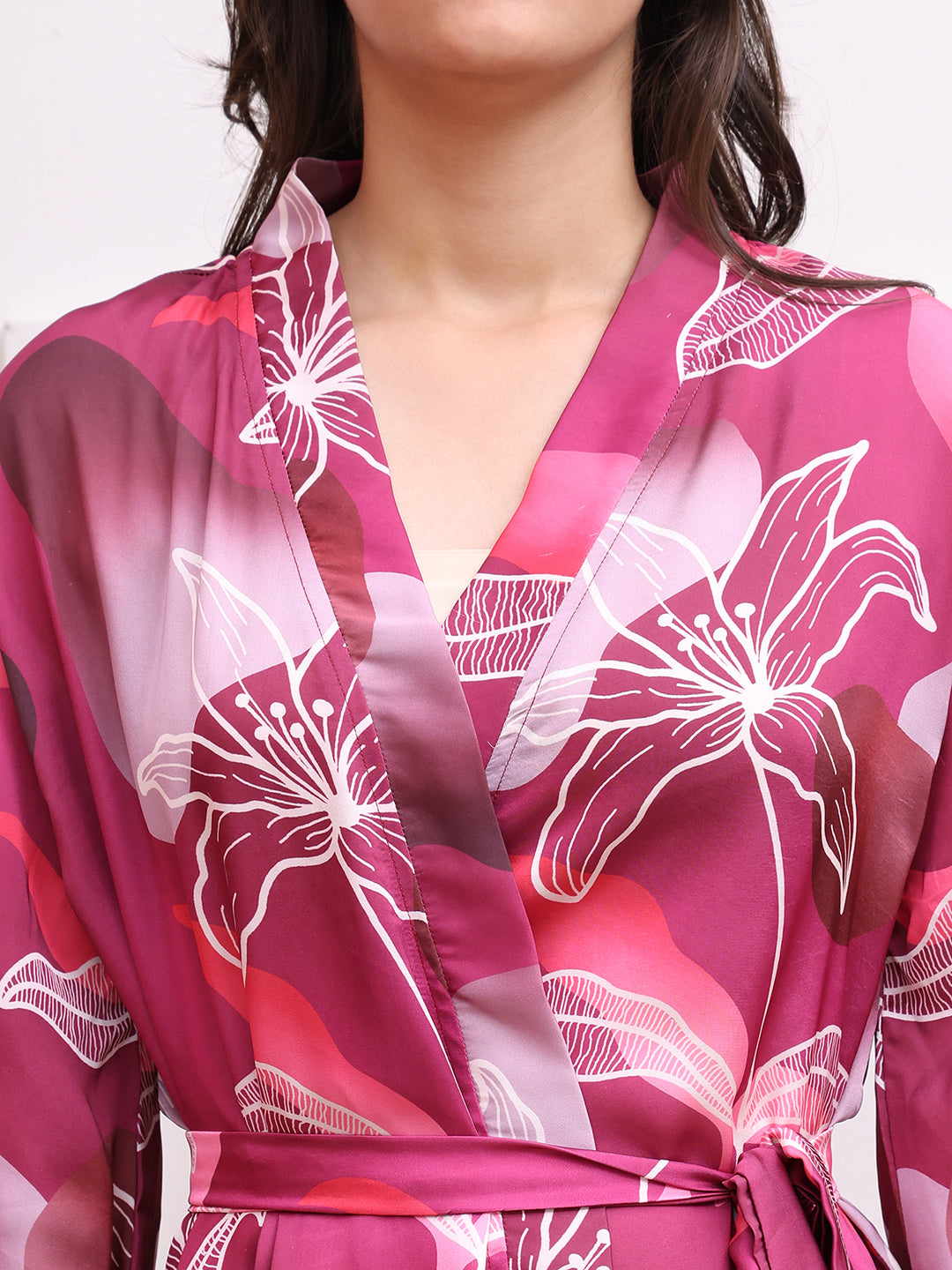 Purple Color Floral Printed Silk Satin Nighty Robe For Women