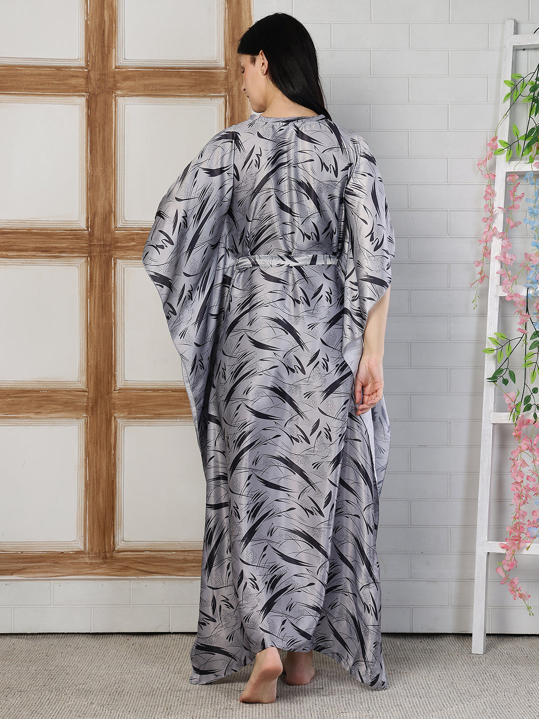 Grey Satin Abstract Printed V-Neck Kaftan for Women | Claura