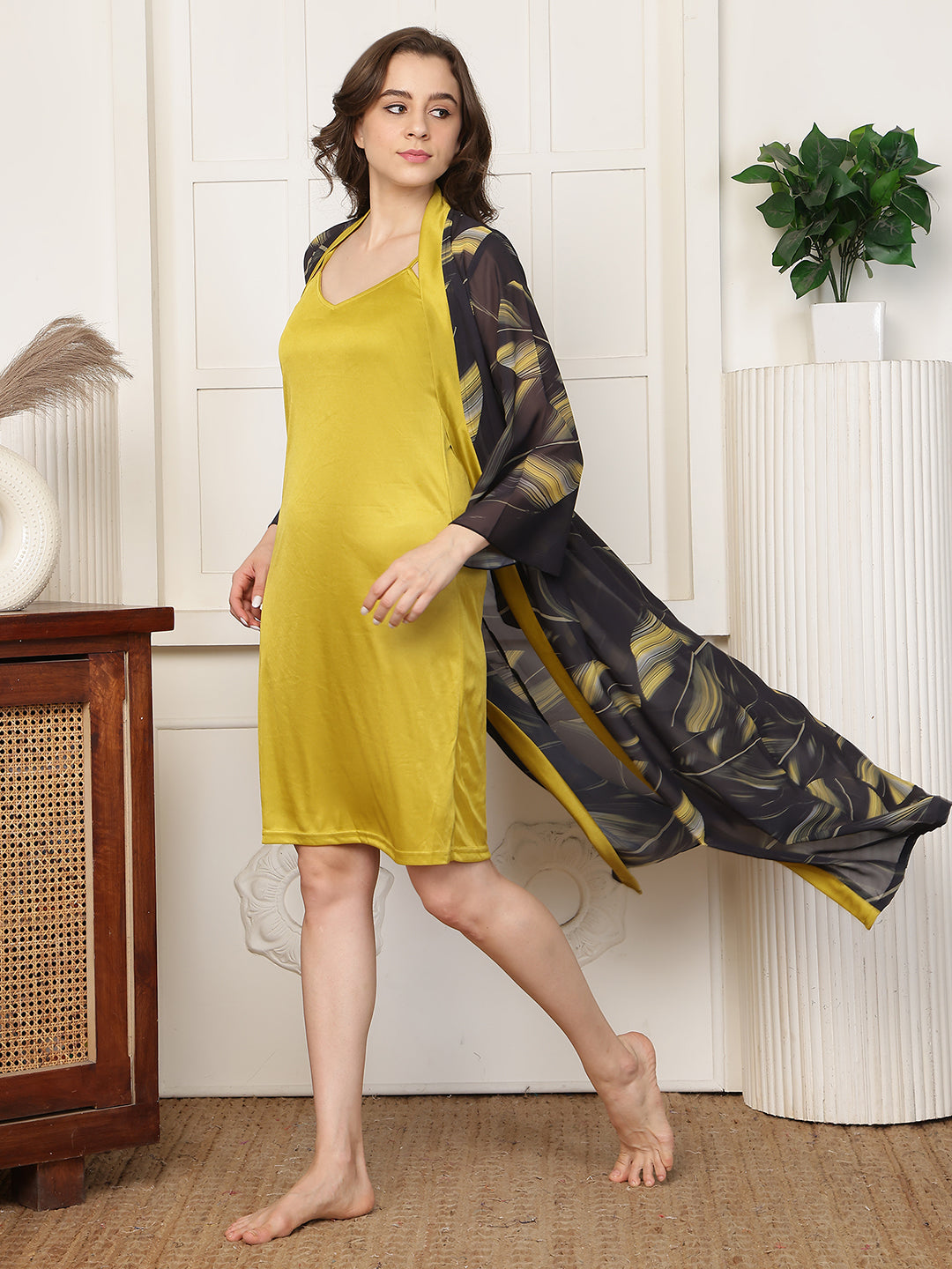 Mustard Floral Printed Satin Nightdress with Georgette Robe | Claura