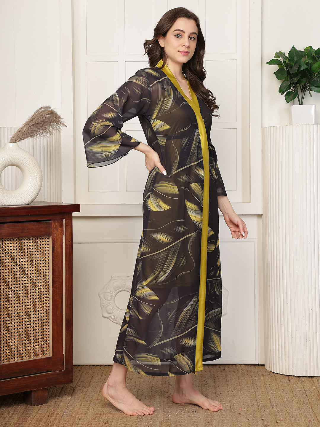 Mustard Floral Printed Satin Nightdress with Georgette Robe | Claura