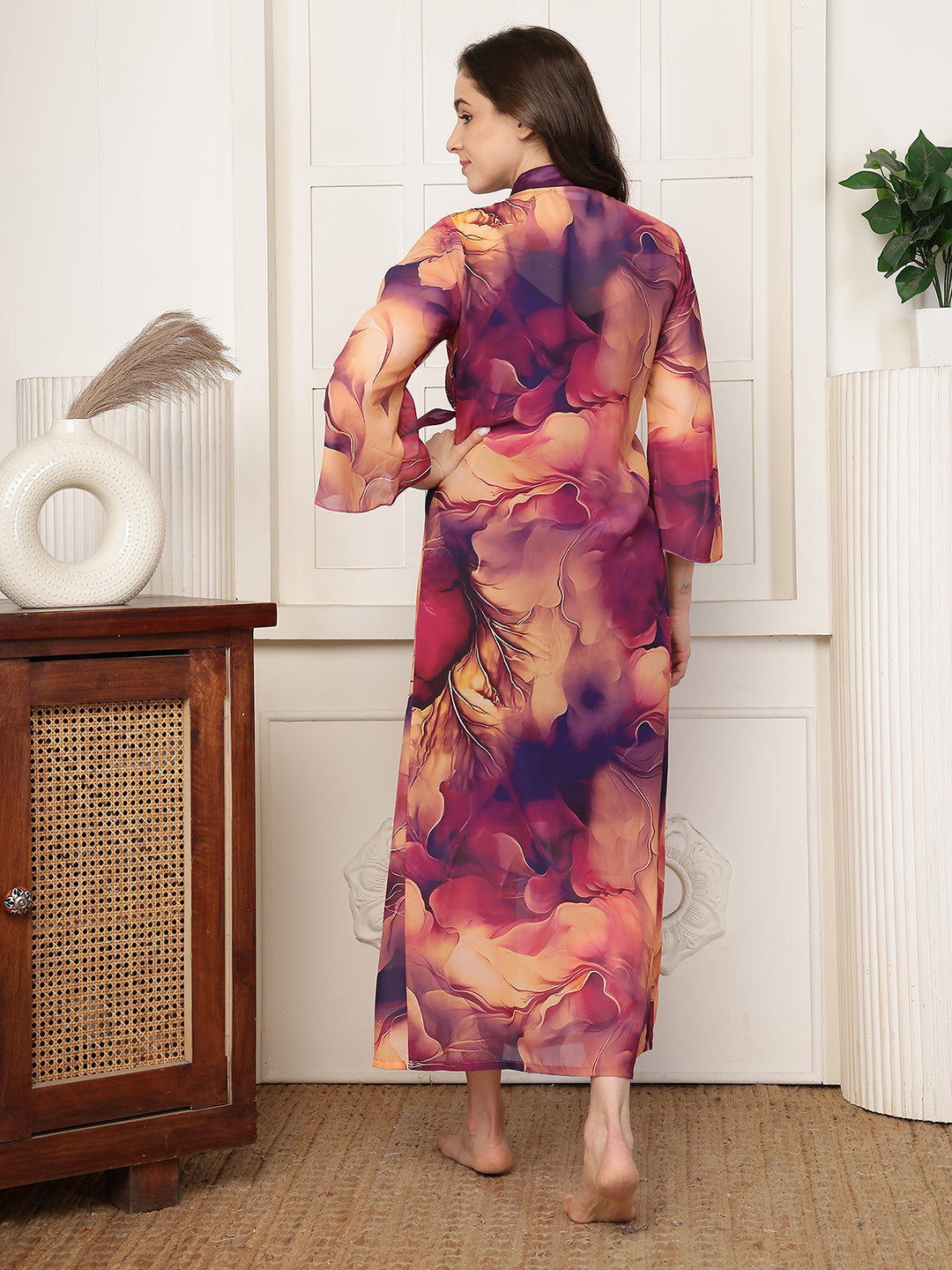 Purple Floral Printed Satin Nightdress with Georgette Robe | Claura