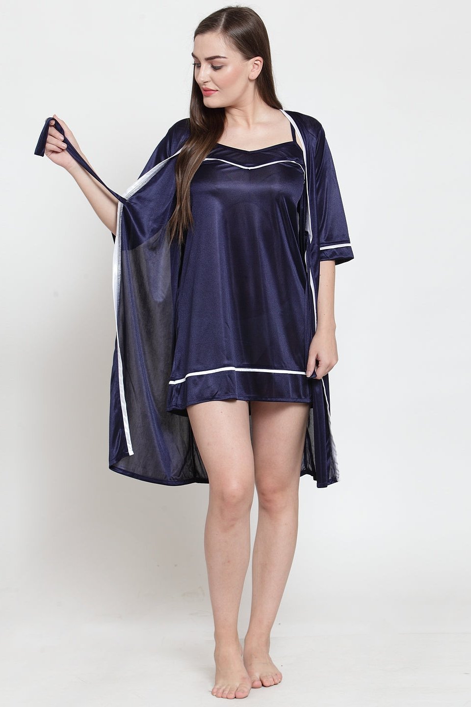 Navy Blue Color Solid Printed  Satin Nightyrobe For Women Claura Designs Pvt. Ltd. Robe Kaftan_allsizes, Navy Blue, Nightyrobe, Satin, Solid Printed
