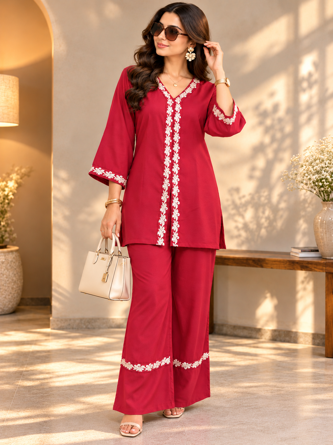 Red Crimson Floral Embroidered Tunic & Palazzo Set | Claura