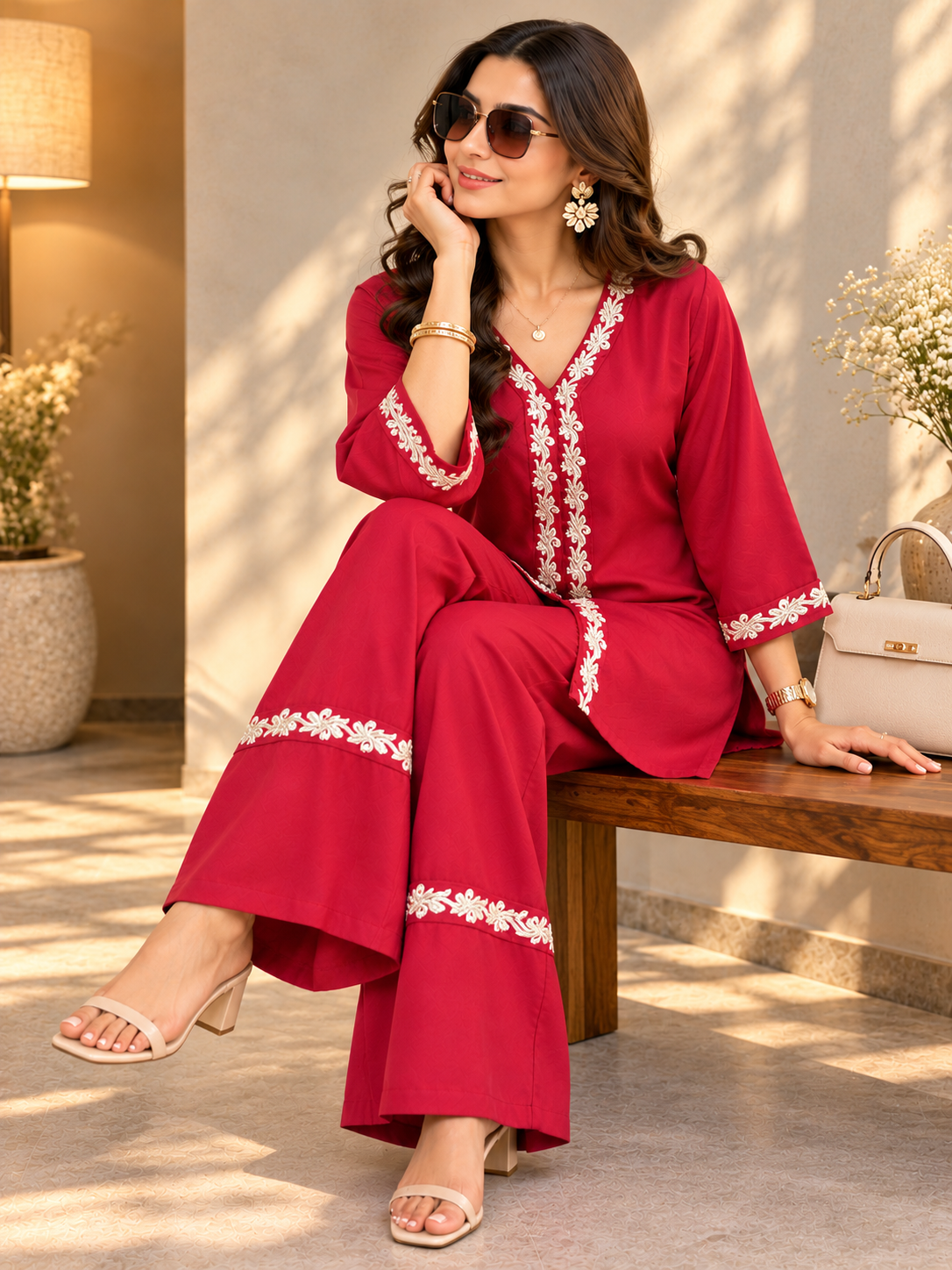 Red Crimson Floral Embroidered Tunic & Palazzo Set | Claura