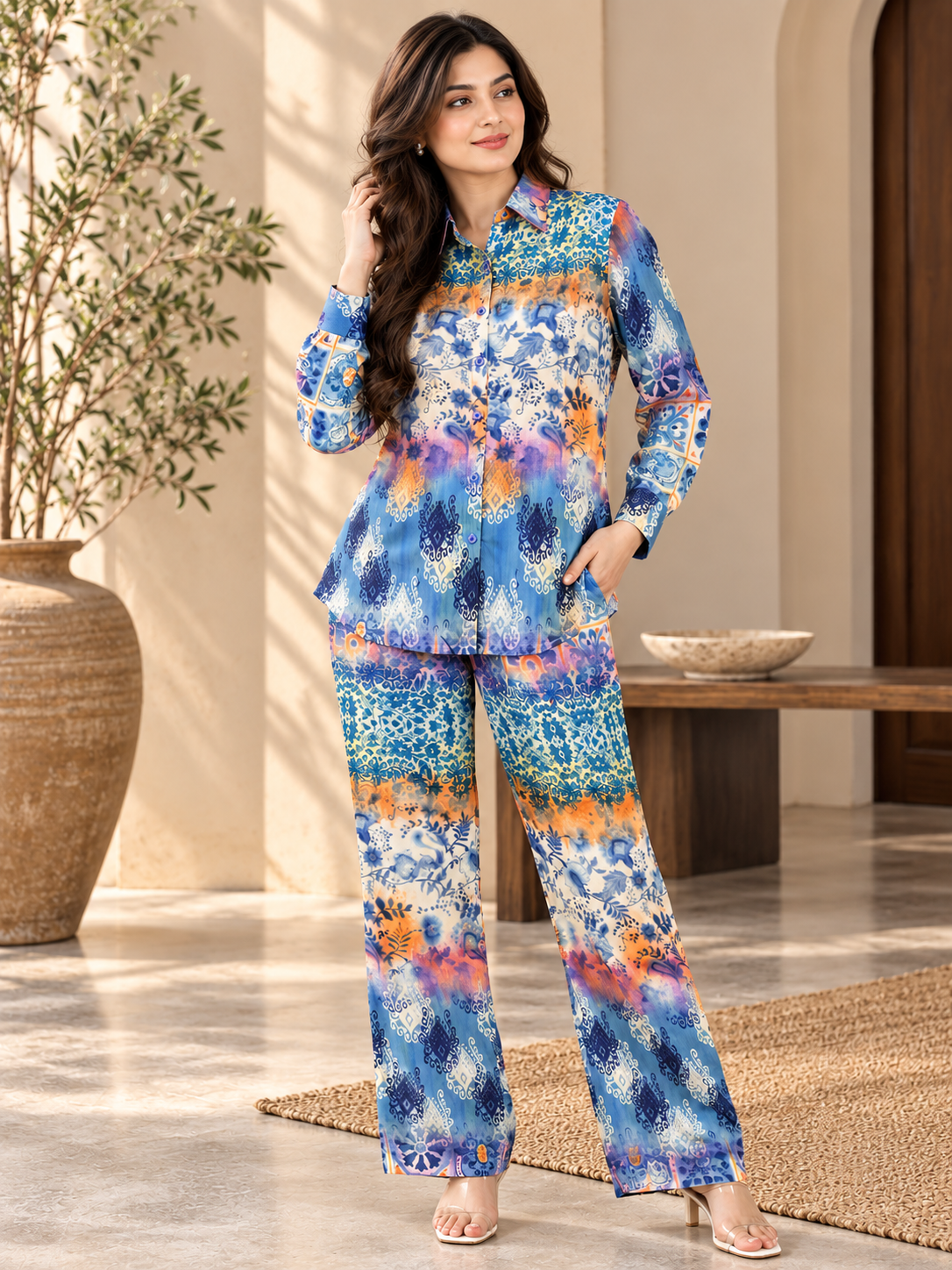 Blue Abstract Printed Viscose Rayon Co-Ord Set for Women