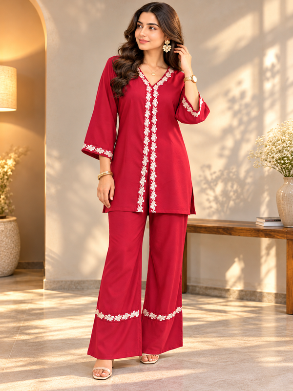 Red Crimson Floral Embroidered Tunic & Palazzo Set | Claura