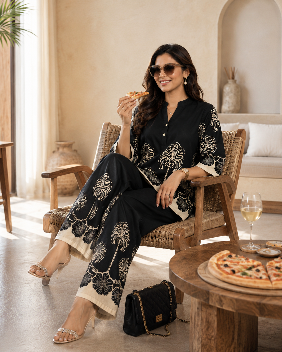 Black & Cream Floral  Printed Mandarin Collar Co-Ord Set | Claura
