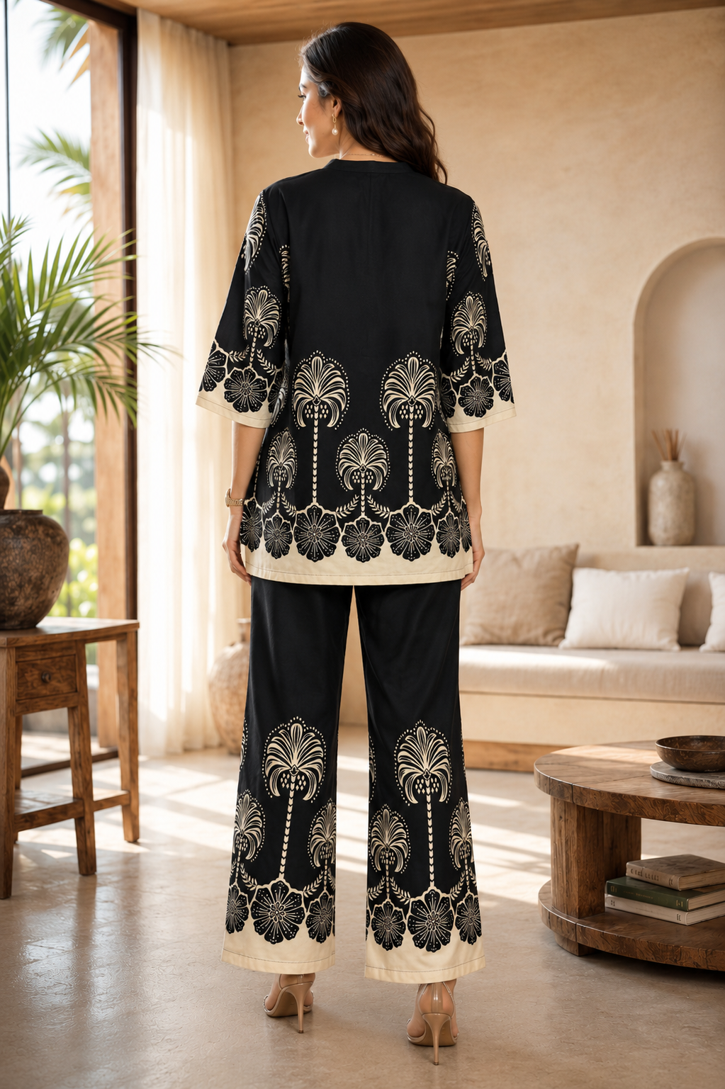 Black & Cream Floral  Printed Mandarin Collar Co-Ord Set | Claura