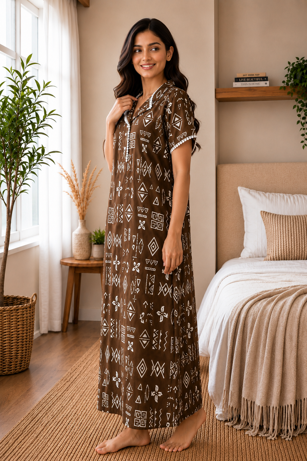 Brown Geometric Printed Cotton Maxi Nightdress | Claura