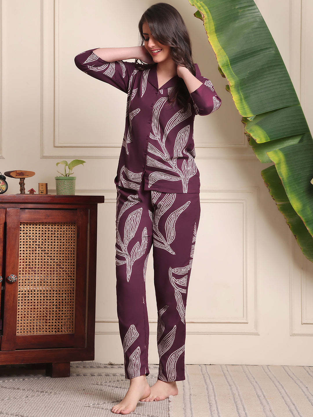 Purple Floral Printed Viscose Rayon Night Suit for Women by Claura


