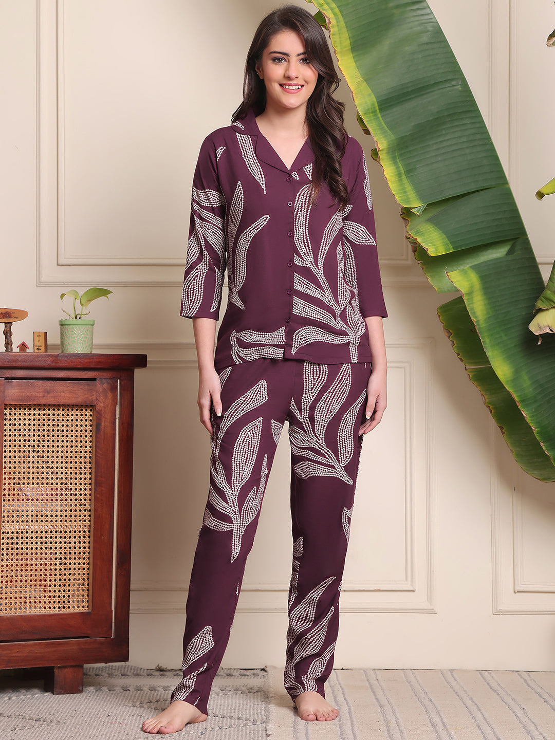 Purple Floral Printed Viscose Rayon Night Suit for Women | S-XXL | Claura