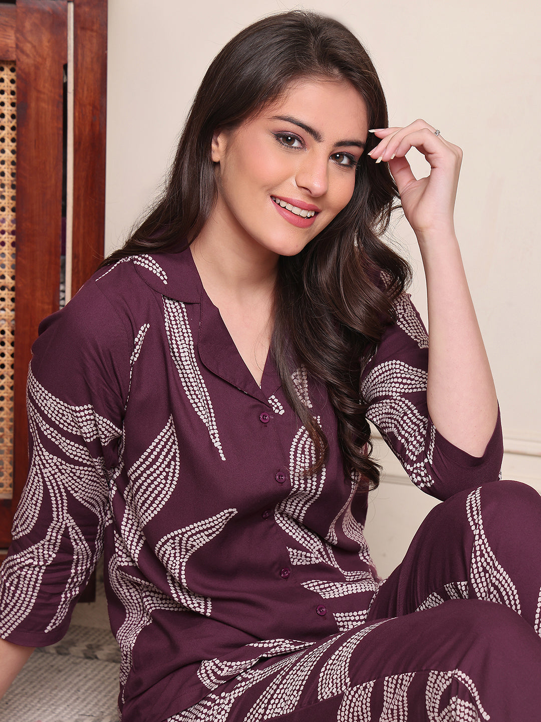 Purple Rayon Night Suit with half sleeves and relaxed bottoms
