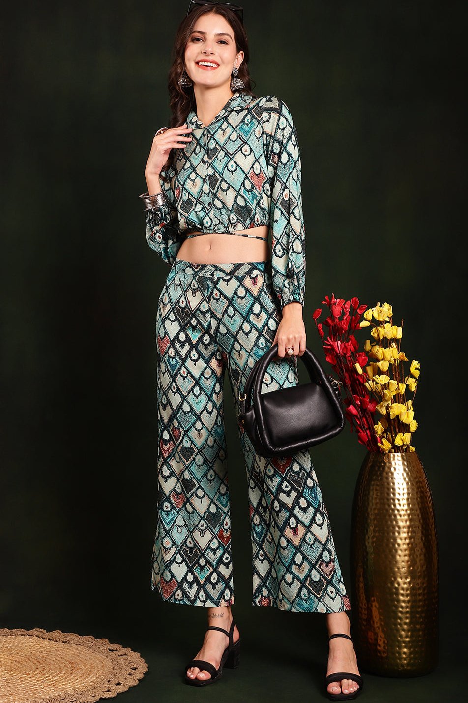 Woman wearing Green Abstract Print Co-Ord Set
