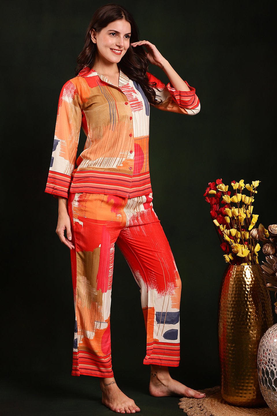 Red Abstract Printed Viscose Rayon Night Suit for Women by Claura

