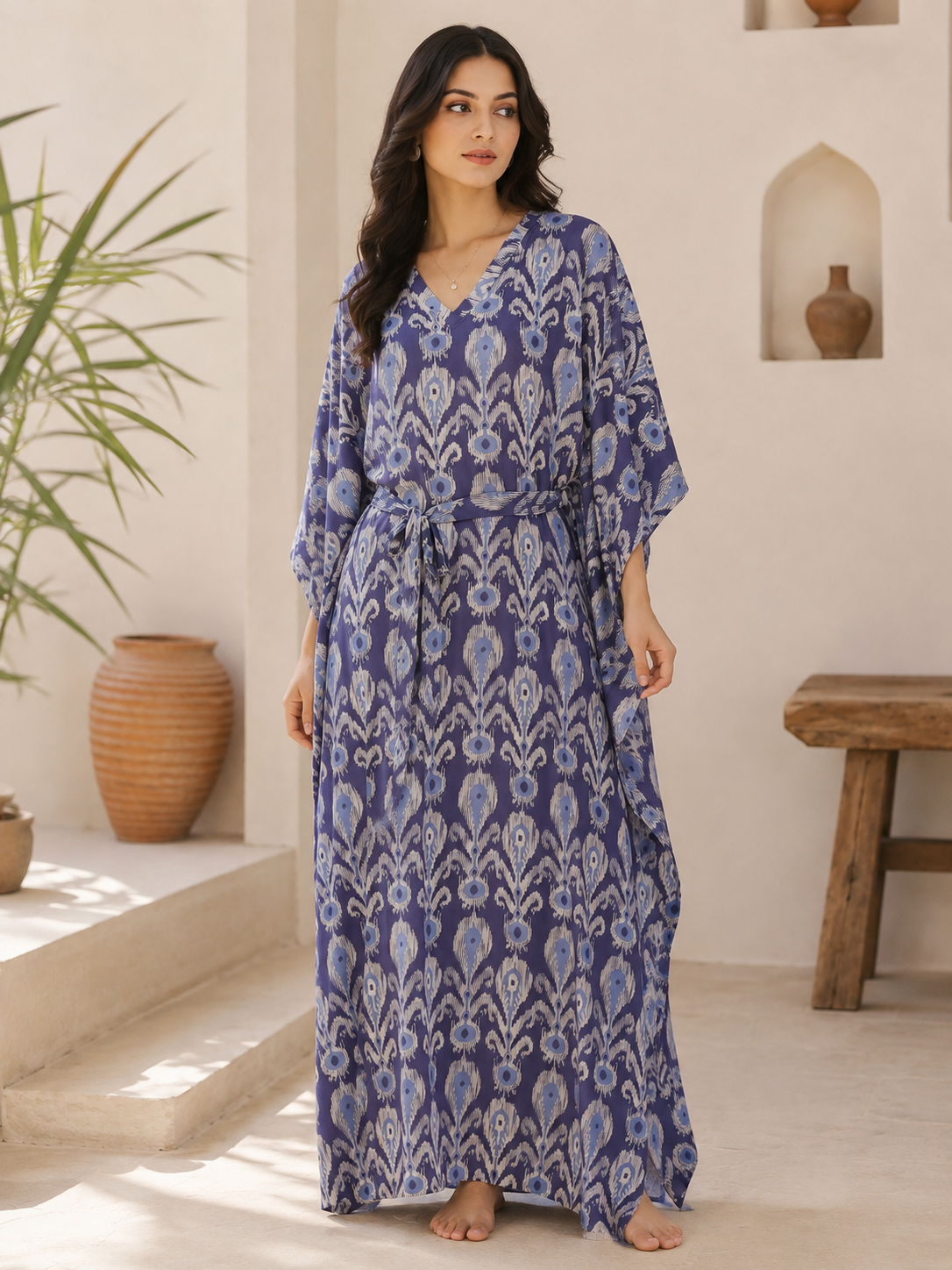 Blue Color Abstract Printed Viscose Rayon Kaftan For Women