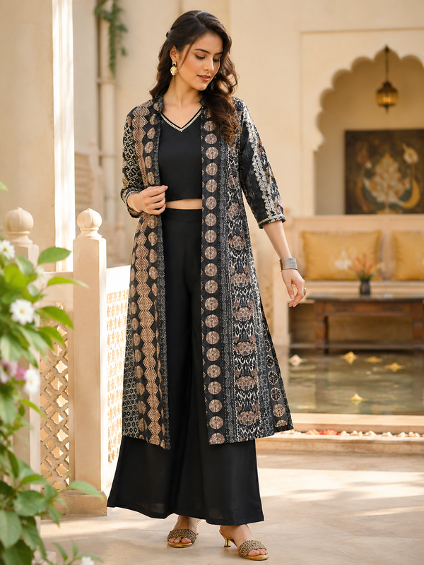 Black Printed 3-Piece Chanderi Silk Co-Ord Set for Women