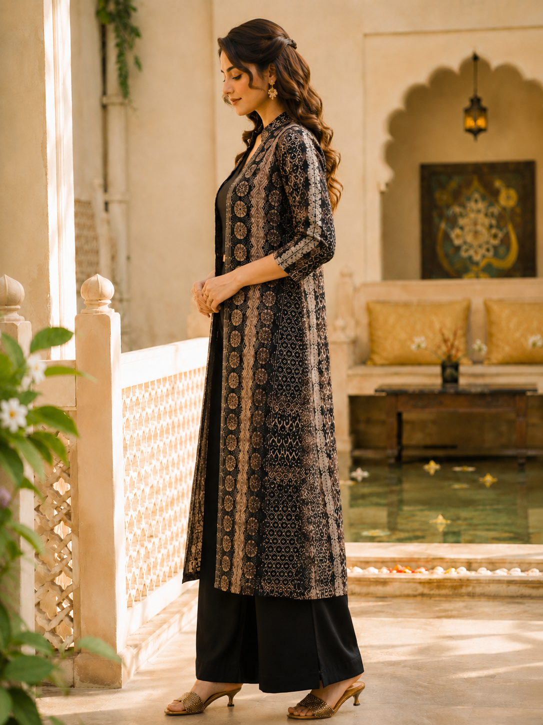 Black Printed 3-Piece Chanderi Silk Co-Ord Set for Women
