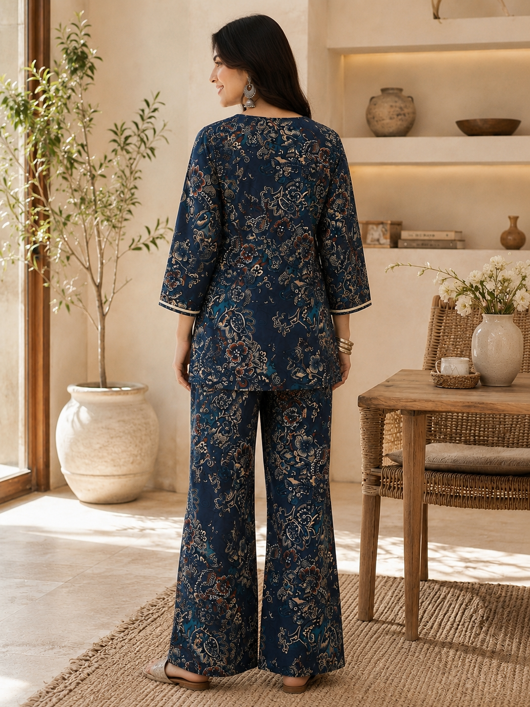 Teal Blue Abstract Printed Silk Co-Ord Set for Women