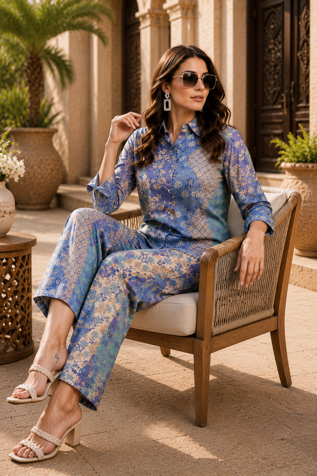 Blue Floral Full Sleeves Cotton Casual Co-Ords for Women