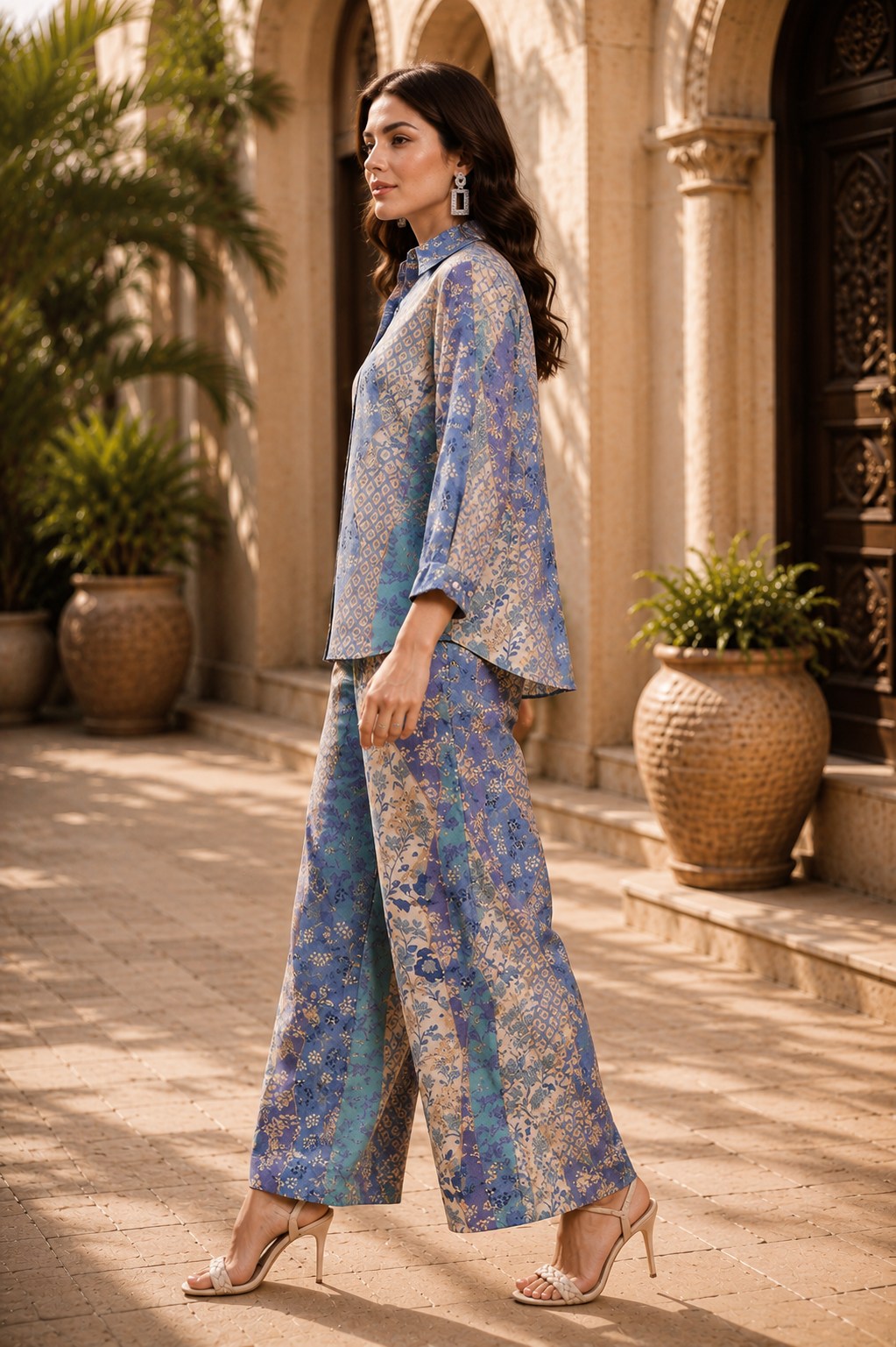 Blue Floral Full Sleeves Cotton Casual Co-Ords for Women