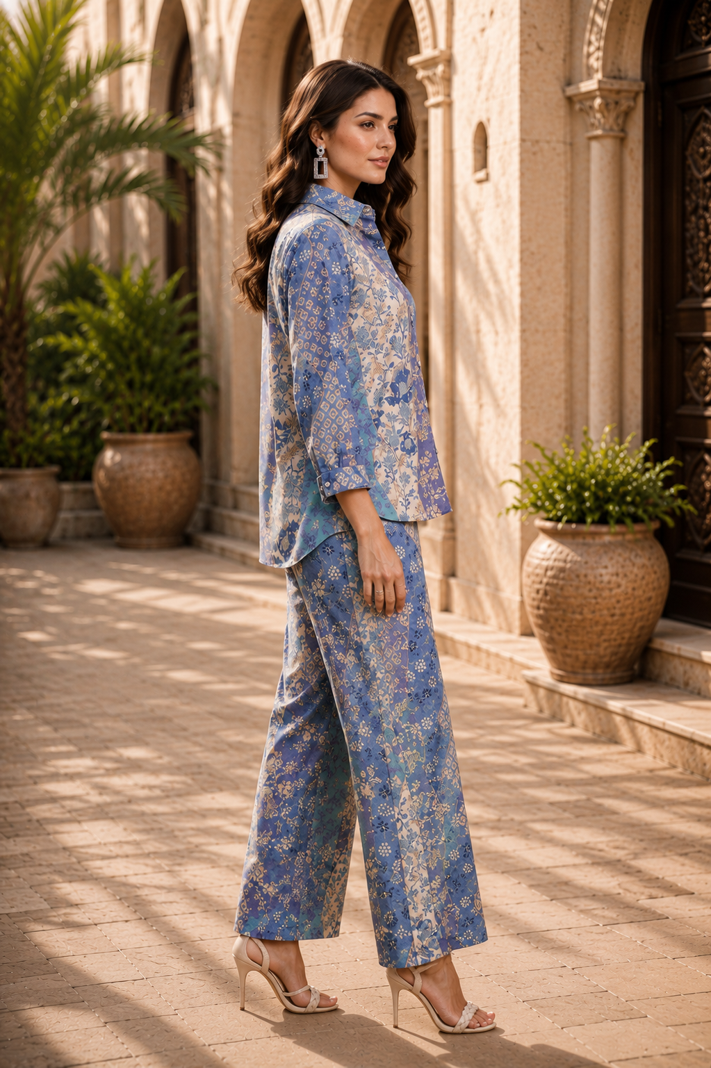Blue Floral Full Sleeves Cotton Casual Co-Ords for Women