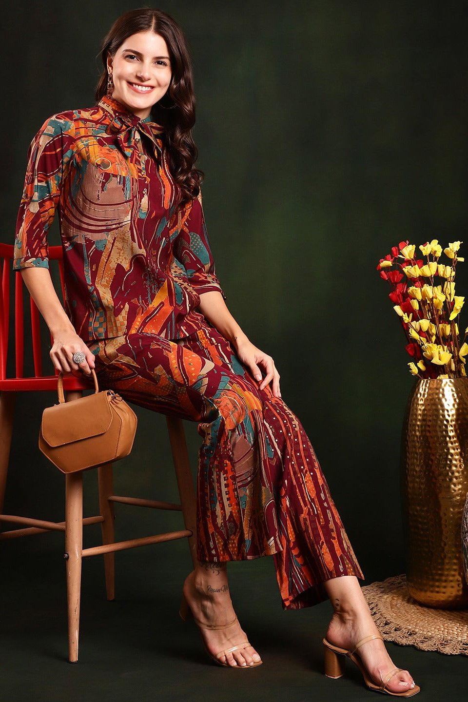 Close-up of Chanderi Silk fabric on Abstract Printed Co-Ord Set