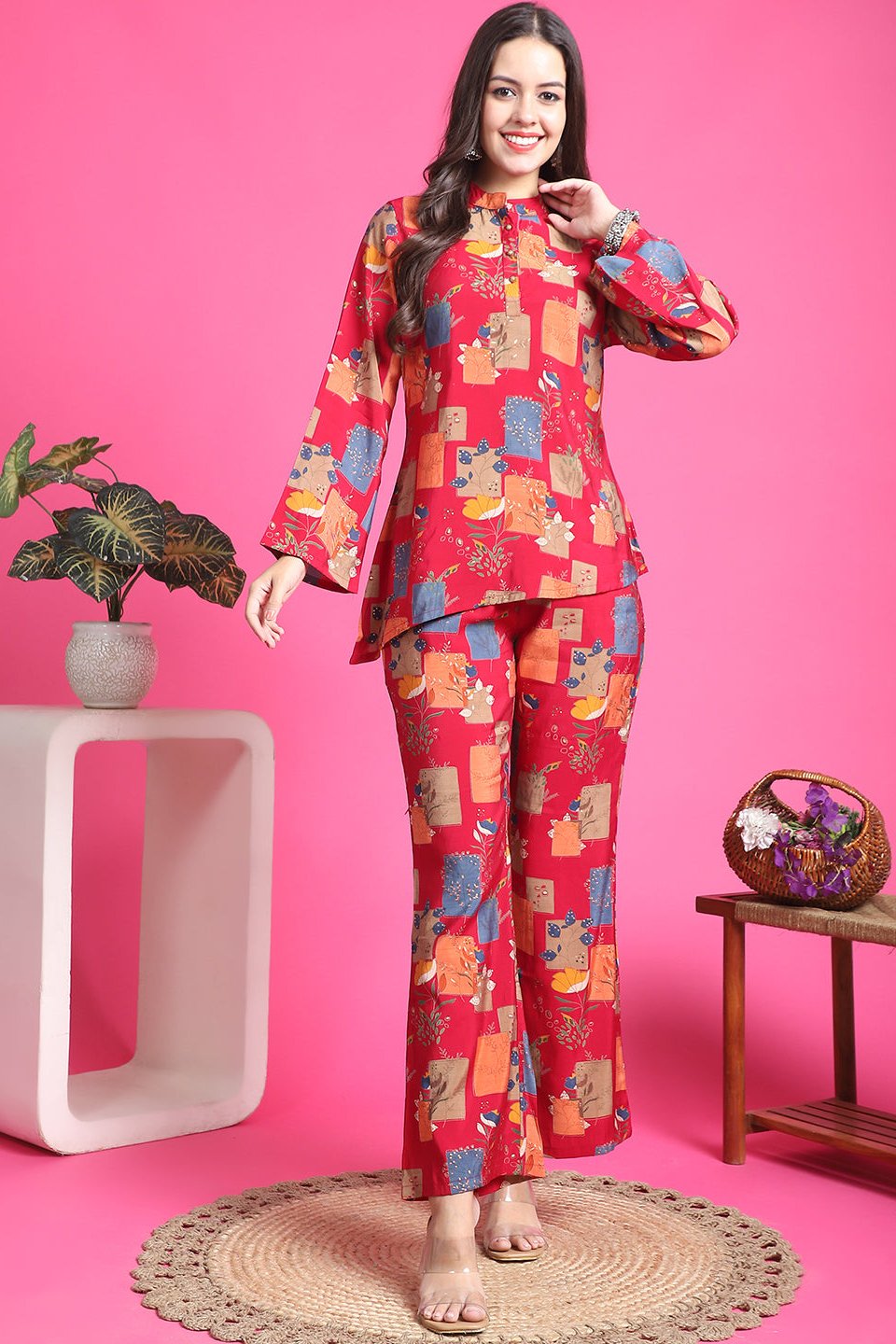 Woman wearing Magenta Abstract Co-Ord Set