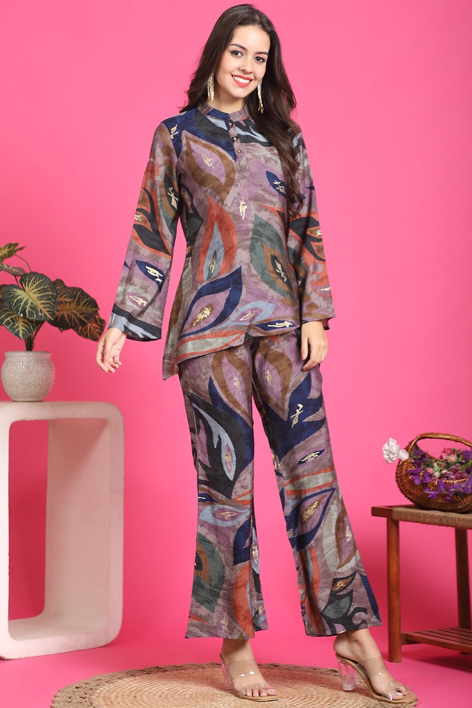 Mauve Abstract Printed Chanderi Silk Co-Ord Set for Women | Claura

