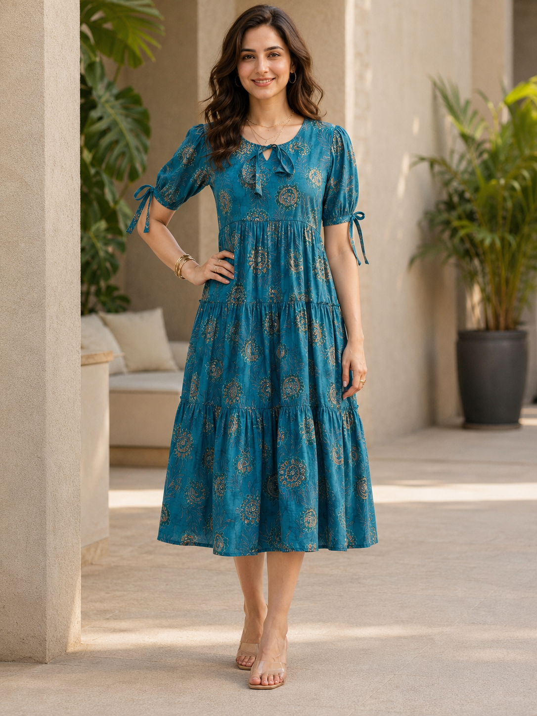 Blue Floral Printed Premium Chanderi Dress for Women | Claura
