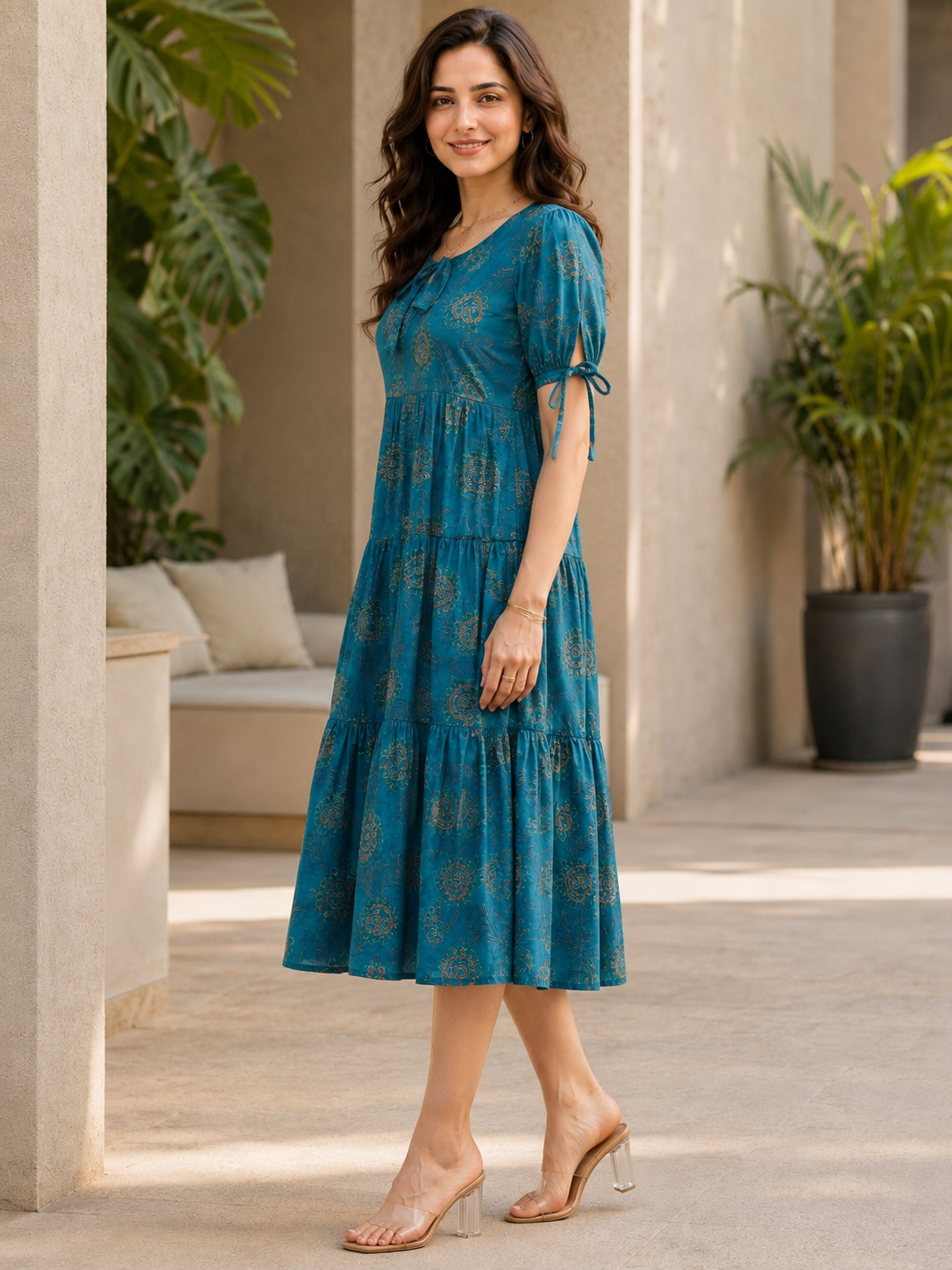 Blue Floral Printed Premium Chanderi Dress for Women | Claura