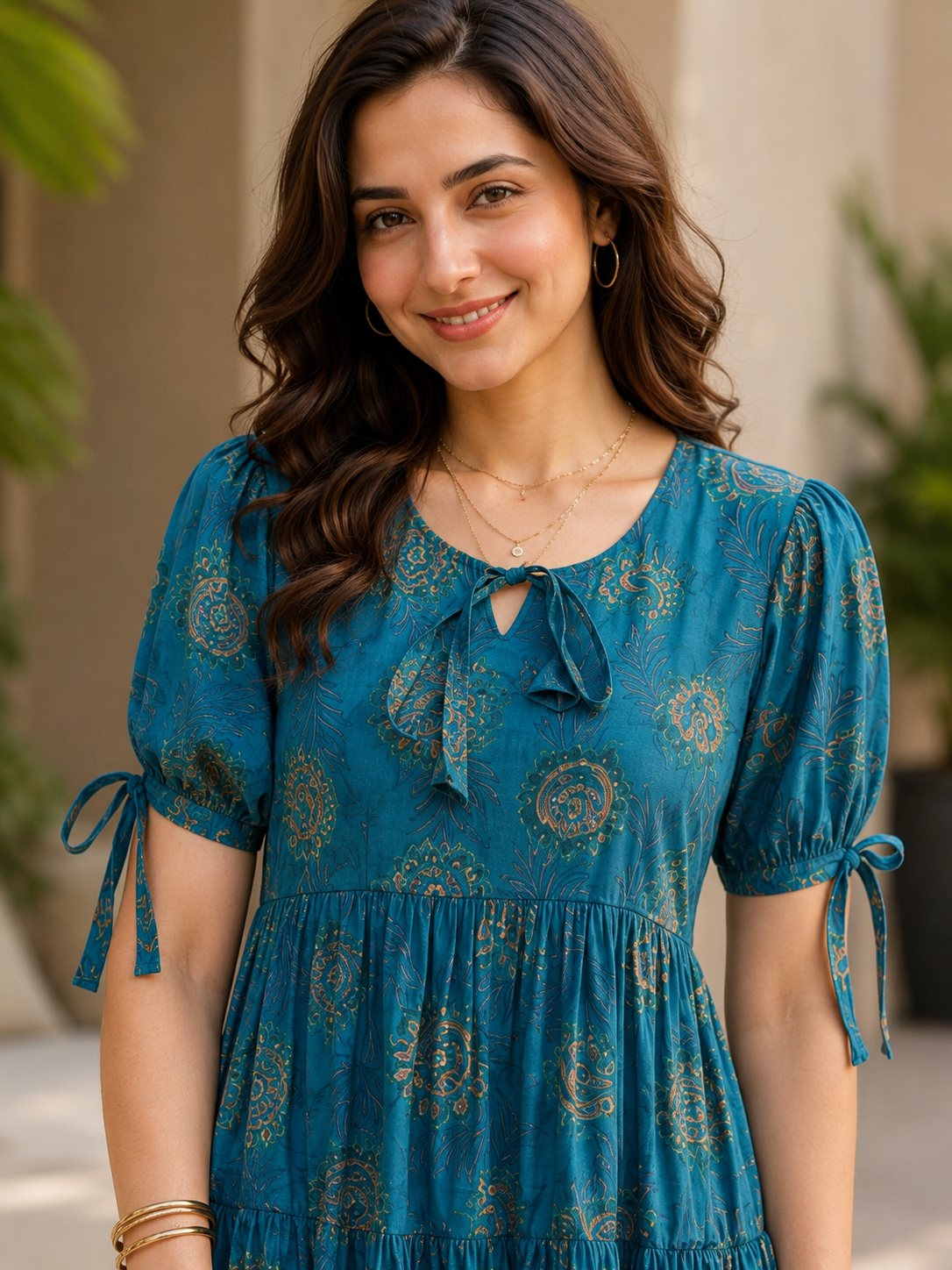 Blue Floral Printed Premium Chanderi Dress for Women | Claura