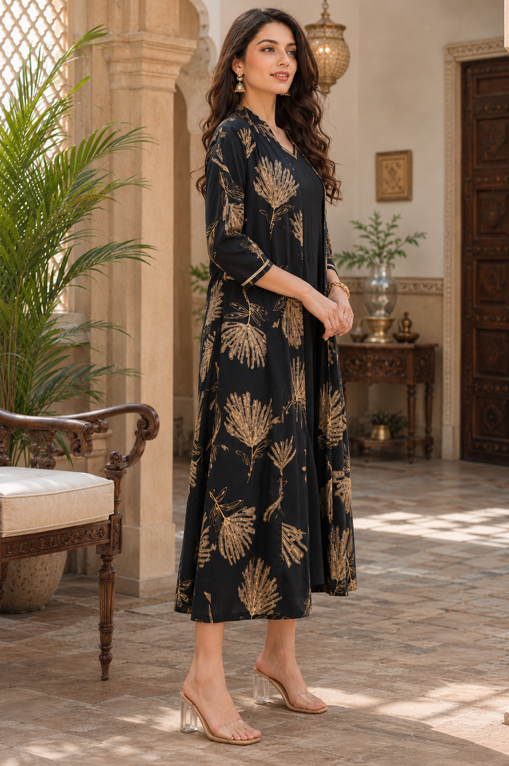Black Chanderi Silk Floral Printed Dress for Women | Claura