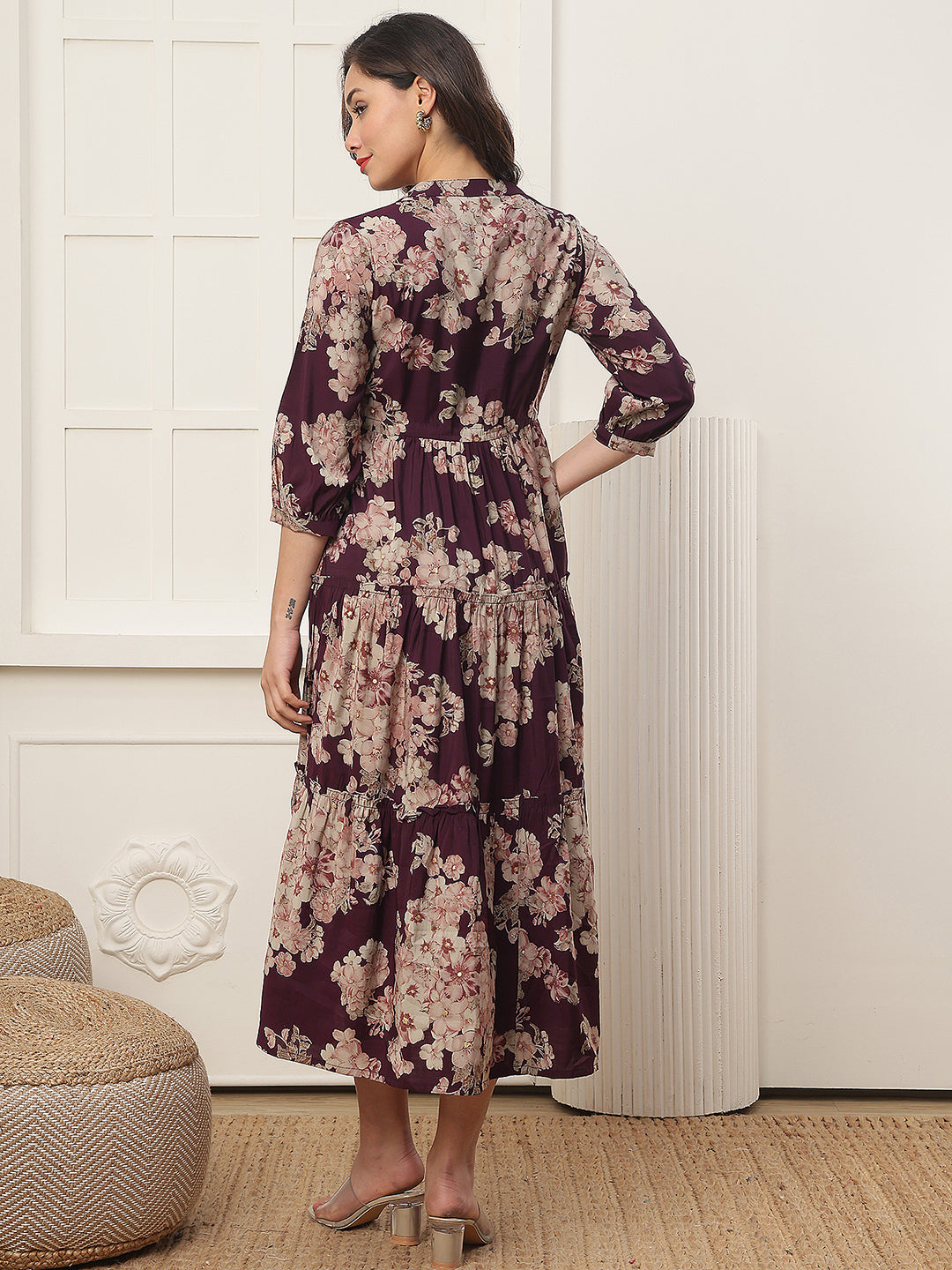 Back view of model in Purple Printed Dresses