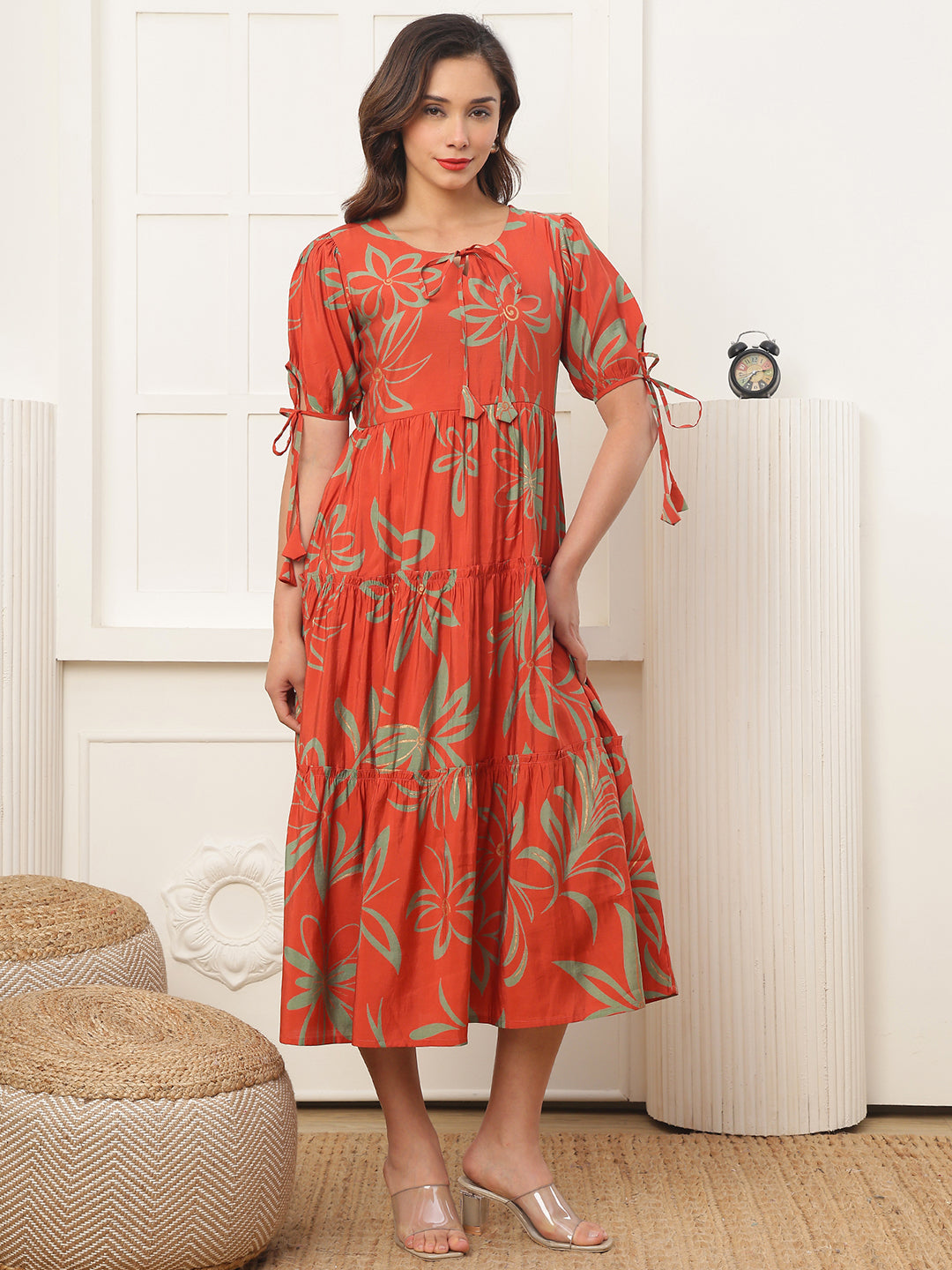 Orange printed dress with comfortable sleeves
